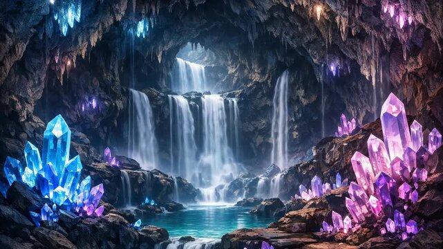 A fantastical cave interior illuminated by natural light and crystal formations.