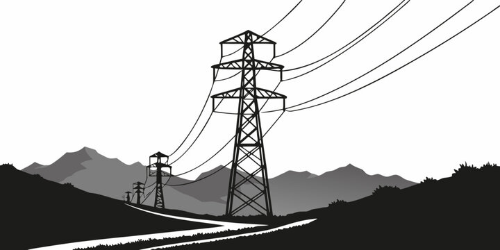 Power lines crossing mountain landscape at dusk, silhouetted against sky transmission towers electricity pylons