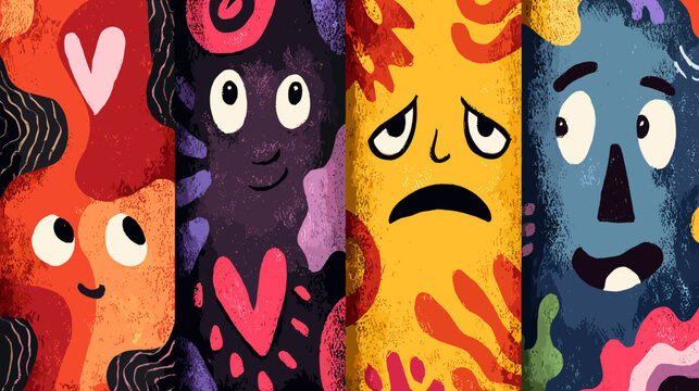 Colorful Abstract Representation of Emotions Through Whimsical Faces in Vibrant Tones