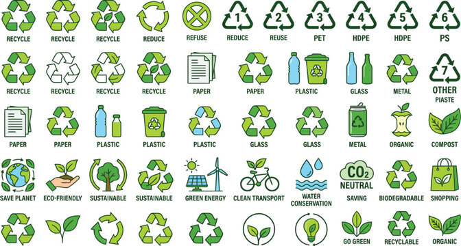 Eco-Friendly Recycling Symbols and Icons for Sustainable Living and Environmental Conservation Efforts Worldwide