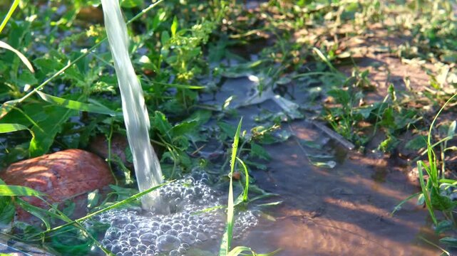 Water pouring from a pipe onto green grass field close up