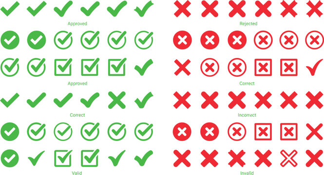 Green Checkmarks and Red Crosses Validation Icons on White Background