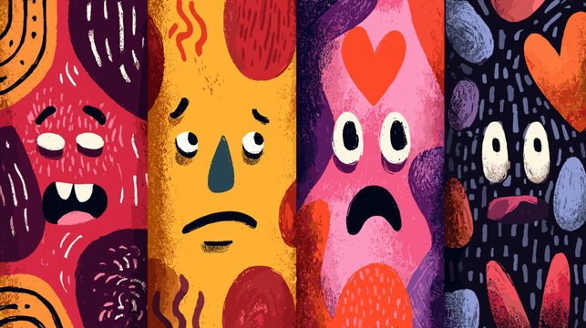 Colorful Cartoon Character Faces Expressing Various Emotions in a Bright Abstract Design
