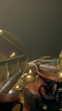 An underwater scene shows a collection of ancient artifacts and gold items scattered on the ocean floor. Various objects hint at a rich history and lost treasures yet to be explored.
