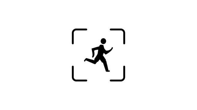 Animated human figure running inside digital frame with scanning light bar effect.
