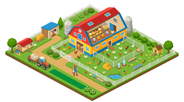 Chicken Poultry Farm Landscape in Bright Isometric Illustration Style