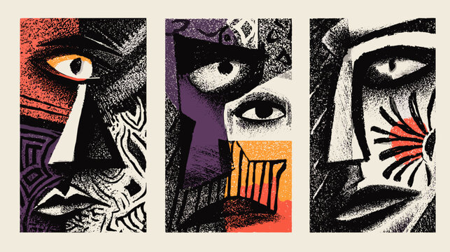 Dynamic Abstract Faces Illustrating Emotion and Expression in a Colorful Contemporary Art Style