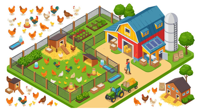 Chicken Poultry Farm Landscape in Bright Isometric Illustration Style