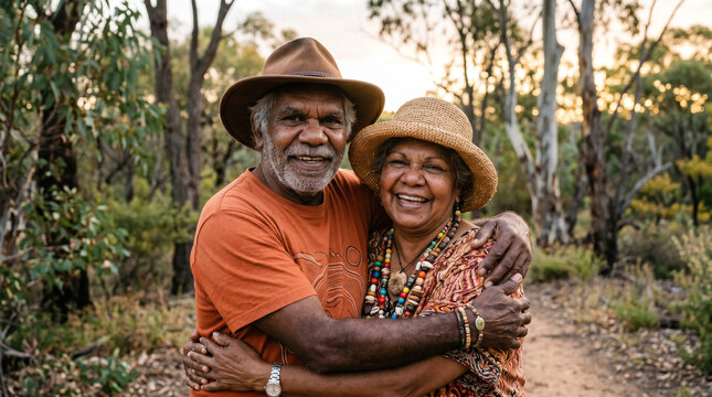 Indigenous Australian Couple Hugging in Nature, Smiling Happily