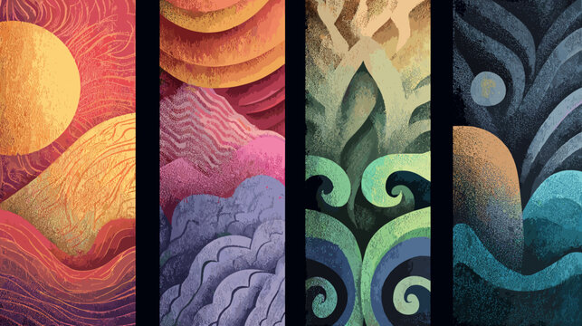 Four Vertical Pixel Art Panels Displaying Abstract Seasonal Nature Scenes And Vibrant Color