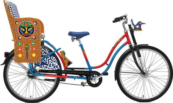 Traditional bangladeshi rickshaw bicycle vector illustration side view colorful cycle rickshaw with folk art painting hood isolated on white background.
