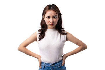 Fototapeta premium Serious young Asian woman standing with hands on hips on transparent background