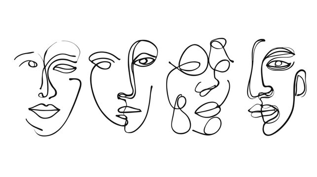 Minimalist Abstract Line Art Featuring Multiple Stylized Faces in Monochrome Design