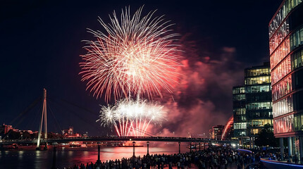 Fototapeta premium Spectacular nighttime fireworks display over a city waterfront with modern buildings