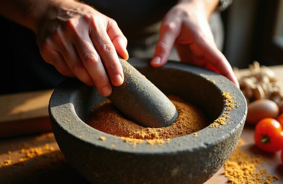 Person uses stone mortar, pestle to grind spices in rustic kitchen. Hands crush fragrant herbs into powder using traditional manual tool. Culinary preparation involves authentic granite bowl for