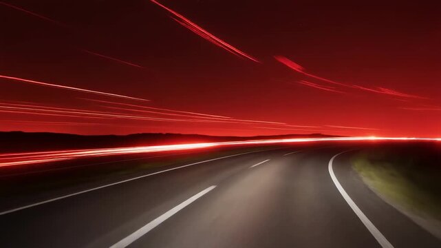 Fast moving car on asphalt road during sunset with light trails effect and dramatic red sky