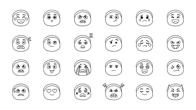 Cartoon Faces Arranged in a 6x4 Grid Showcasing Diverse Expressions and Emotions Featuring Illustration, Vector, Art with Design