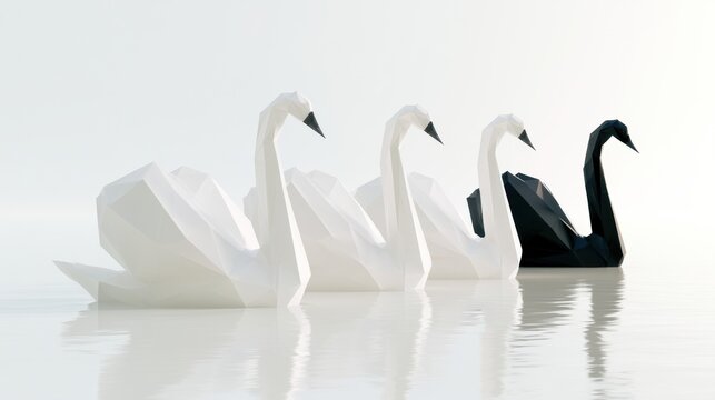 Geometric Illustration Shows Row of Identical White Birds With One Black Bird at the End Representing Unique Outlier Concept in Minimal Style