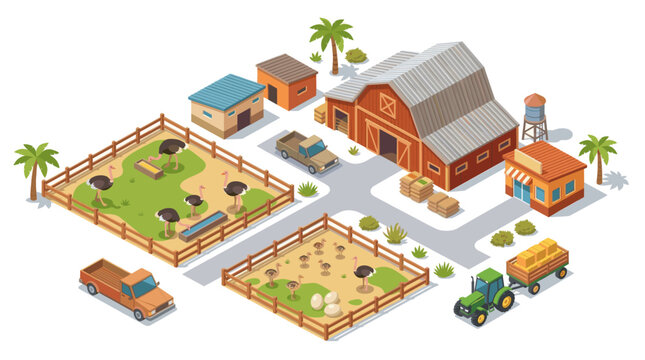 Ostrich Farm and Rural Ranch in Clean Isometric Illustration Style