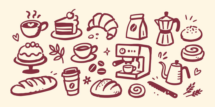 Coffee and Bakery Doodle Set Hand Drawn Vector Illustration