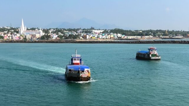 The boat service between the mainland and Vivekananda Rock Memorial at Kanyakumari, Tamil Nadu, India