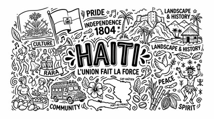Fototapeta premium Haiti Cultural Symbols in Black and White Hand Drawn Doodle Illustration Style