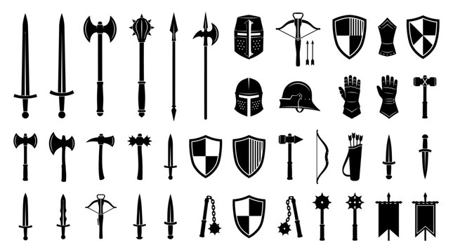 Medieval weapons icons set featuring swords, axes, shields, helmets, gauntlets, bows, crossbows, banners, knight armor, historical combat graphics