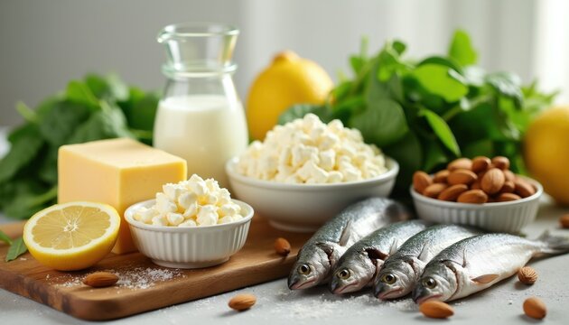Assortment of fresh healthy foods rich in calcium, vitamins on wooden board. Bowls contain cottage cheese curd alongside milk jar, yellow lemon. Raw fish almond nuts, green spinach leaves provide