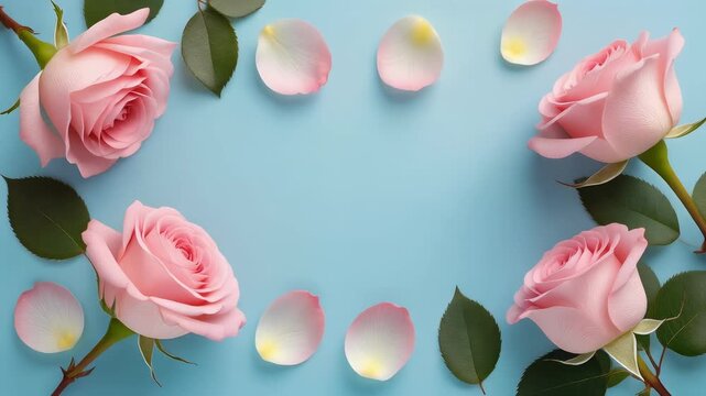 Gentle pink roses with delicate petals arranged in a soft pattern on a pastel blue background with subtle lighting for organic design
