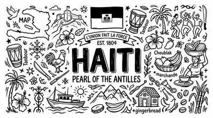 Obraz premium Haiti Cultural Symbols in Black and White Hand Drawn Doodle Illustration Style