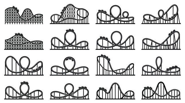 Roller coaster track icons set featuring loops, twists, hills, amusement park rides, engineering structures, thrill designs, vector graphics, entertainment symbols