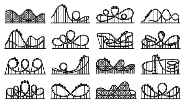 Roller coaster track icons set featuring loops, twists, hills, amusement park rides, engineering structures, thrill designs, vector graphics, entertainment symbols