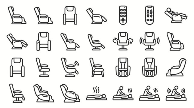 Massage chair icons set featuring recliner designs, vibration heating symbols, remote controls, wellness technology, relaxation therapy, spa equipment, ergonomic seating graphics