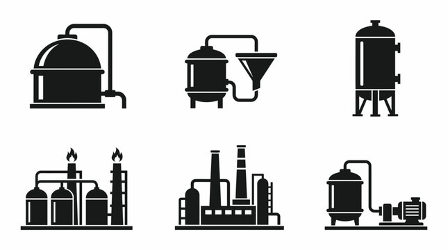 Industrial equipment icons with factory machinery, black silhouette vector drawings of tanks, pumps, distillation columns, and plant facilities for design artwork
