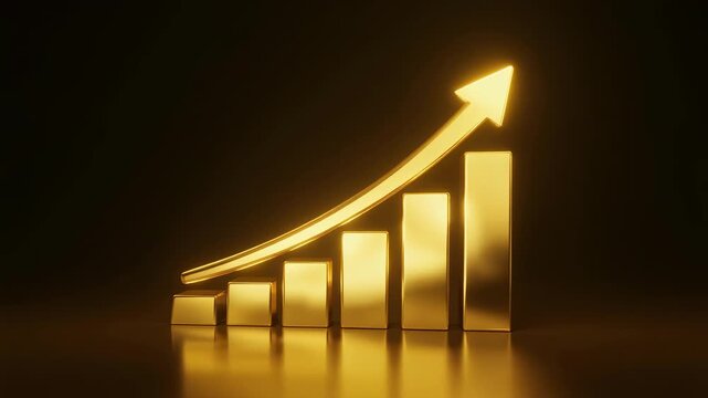 Golden bar chart with upward arrow growing over time in dark studio lighting with cinematic motion