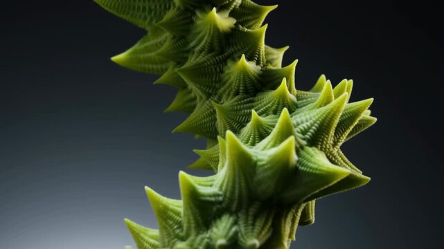 Close-up vertical column of repeating pointed green nodules with layered ridged texture, organic sculptural form against dark gradient background, abstract macro composition