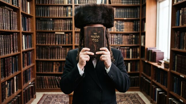 Orthodox Jewish Man Holding Religious Book in Library.
