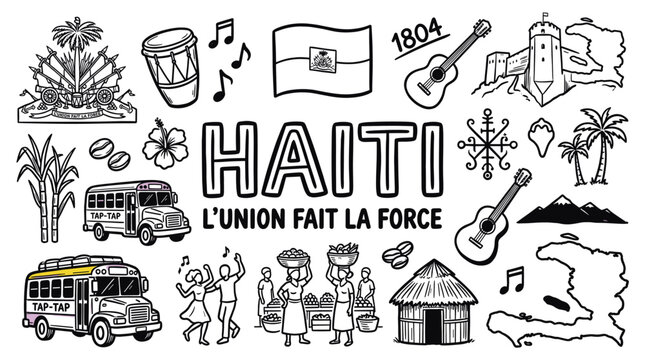 Haiti Cultural Symbols in Black and White Hand Drawn Doodle Illustration Style