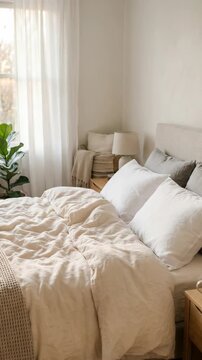 Soft light comes through the window into a bright bedroom. A bed with white blankets sits against the wall. A plant is nearby. The room feels warm and inviting