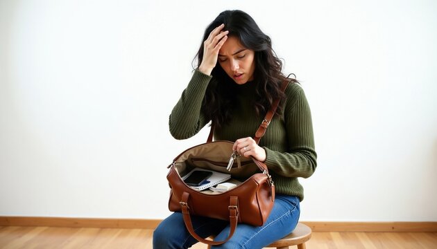 Woman looking in open bag, hand on forehead. Realizing she forgot something important, searching bag contents, keys in hand. Concerned expression.