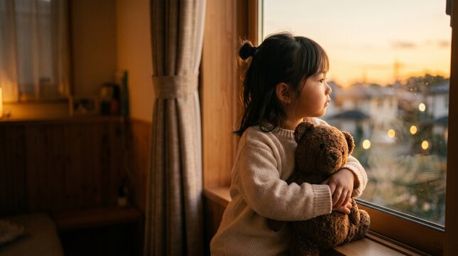 夕暮れの窓辺でテディベアを抱きしめて外を眺める女の子