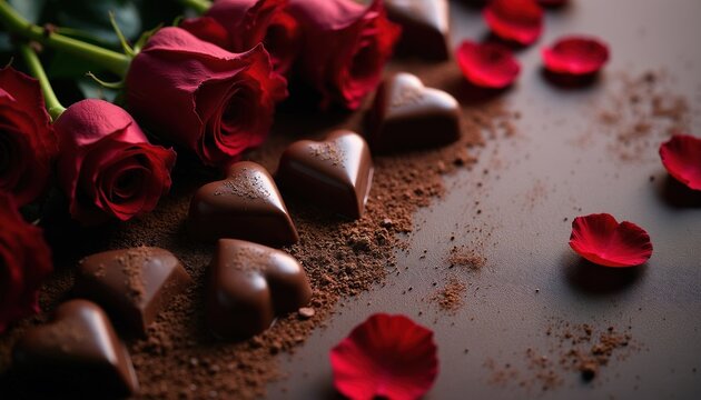 Red roses and heart shaped chocolates with cocoa powder. Petals scattered around. Romantic scene for special days. Perfect treat for loved ones.