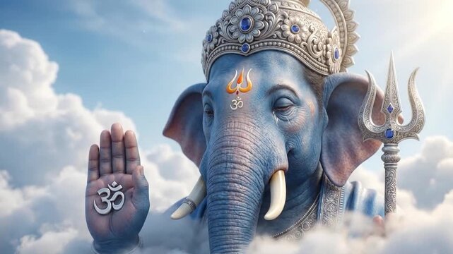 Lord Ganesha in a blessing pose with ornate crown and trident above clouds in soft daylight close-up