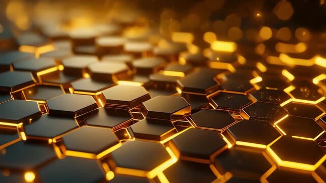 Golden hexagonal nanostructure surface with soft bokeh lighting in cinematic motion