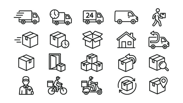 Delivery and shipping icons including trucks boxes and people moving packages quickly