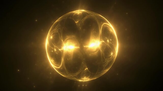 Golden luminous sphere with internal energy flow during dark background cinematic motion