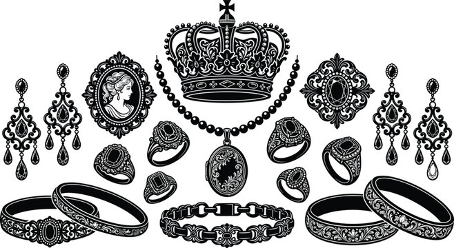 Vintage royal jewelry set with crown and cameo necklace bracelet ornament