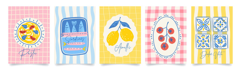 Fototapeta premium Set of abstract italian posters. Amalfi. Summer mediterranean print with hand drawn lemon, tomato, italian blue tile, sardines, pasta. Vacation in Italy. Vector illustration for card, menu, cover.
