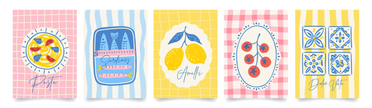 Set of abstract italian posters. Amalfi. Summer mediterranean print with hand drawn lemon, tomato, italian blue  tile, sardines, pasta. Vacation in Italy. Vector illustration for card, menu, cover.