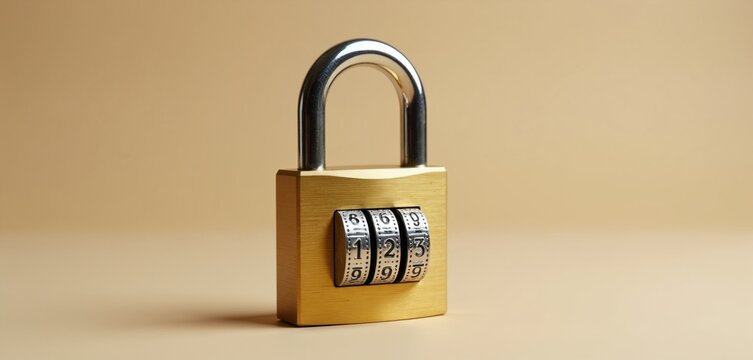 Metal combination padlock with chrome shackle stands on plain background. Security device features three rotating number dials for password code setting. Brass lock protects valuables private digital
